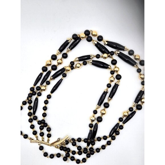 Vintage quadruple strand Black Agate and Gold beaded Made in Japan Necklace 1940 - Picture 3 of 7